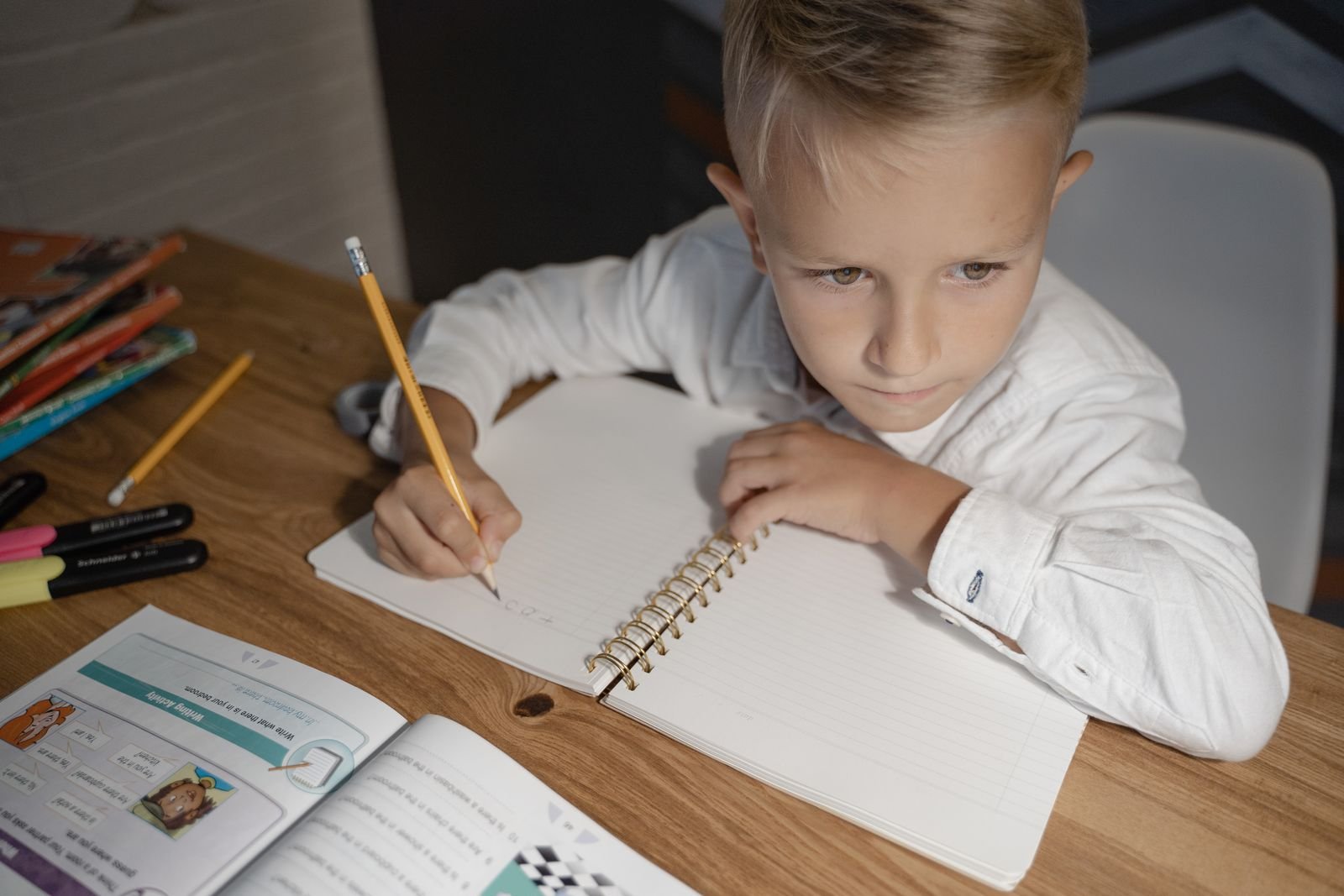 Young boy concentrating on writing in his notebook during a study session